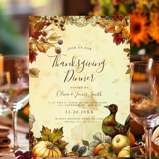 Rustic Thanksgiving Dinner Invitation (GPT
An autumn-themed Thanksgiving invite with elegant script, pumpkins, and fall leaves.)