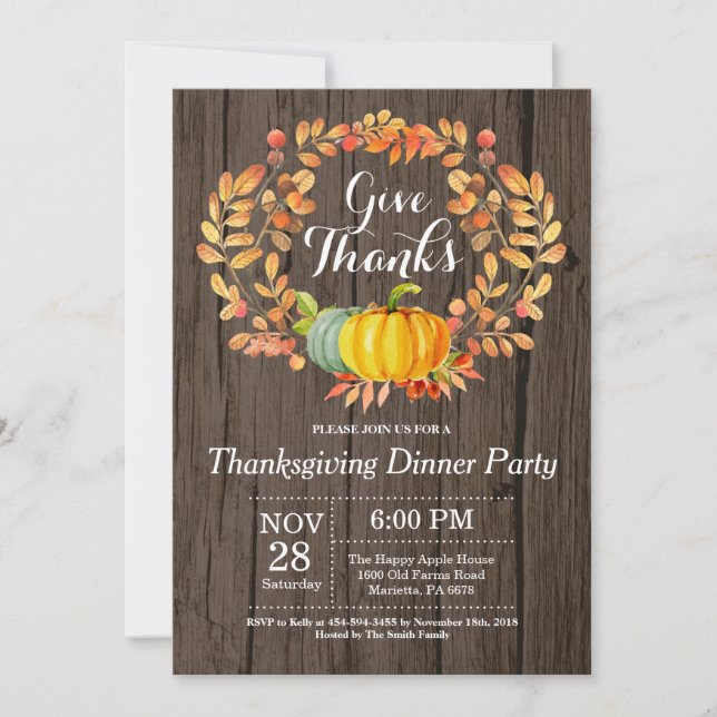 Rustic Thanksgiving Dinner Party Fall Autumn Invitation (Front)