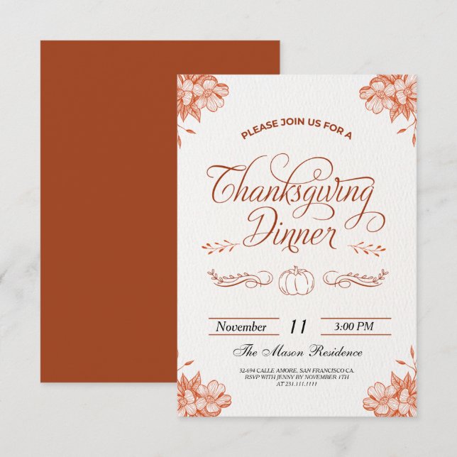 Rustic Thanksgiving Dinner Pumpkin Invitation (Front/Back)