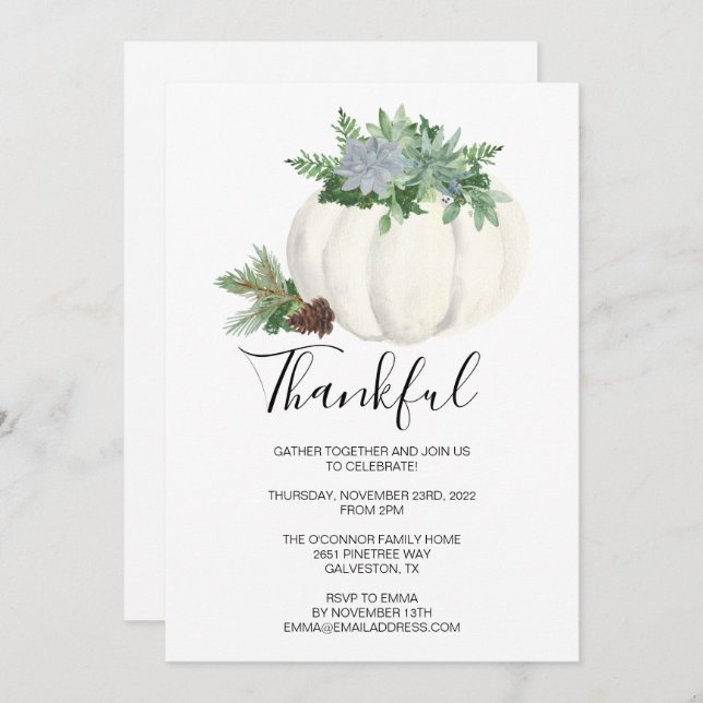 Rustic Thanksgiving Fall Succulent Pumpkin Dinner Invitation (Front/Back)