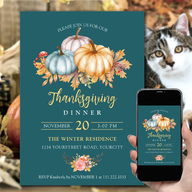 Rustic Thanksgiving floral pumpkins teal Invitation (Thanksgiving dinner invitations fall colors pumpkins leaves rustic teal yellow color)