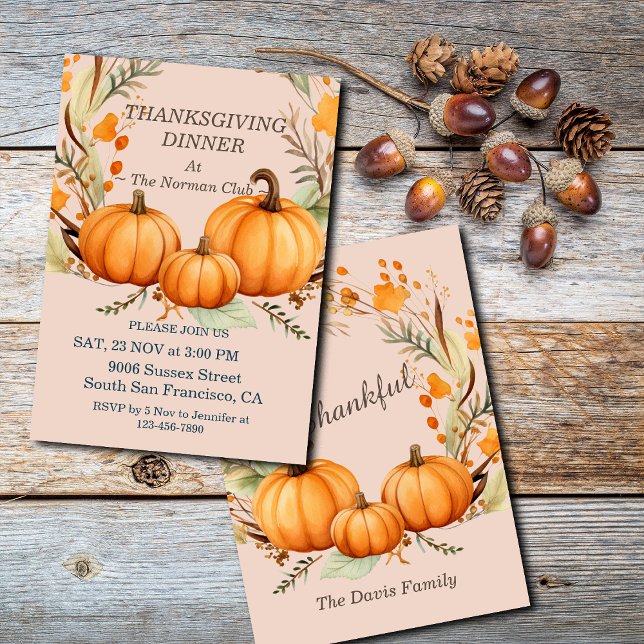 Rustic Thanksgiving Pumpkin Floral Dinner Custom Invitation (Creator Uploaded)