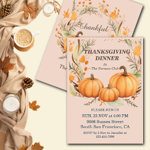 Rustic Thanksgiving Pumpkin Floral Dinner Custom Invitation