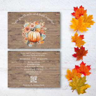 Rustic Thanksgiving,QR Code Autumn Floral Pumpkin Invitation