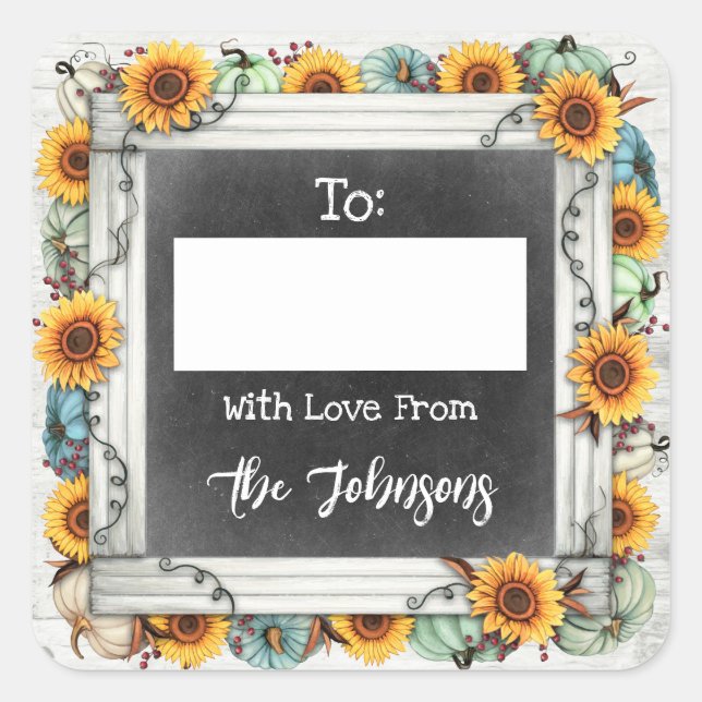 Rustic Thanksgiving Sunflower To / From Write-On Square Sticker (Front)
