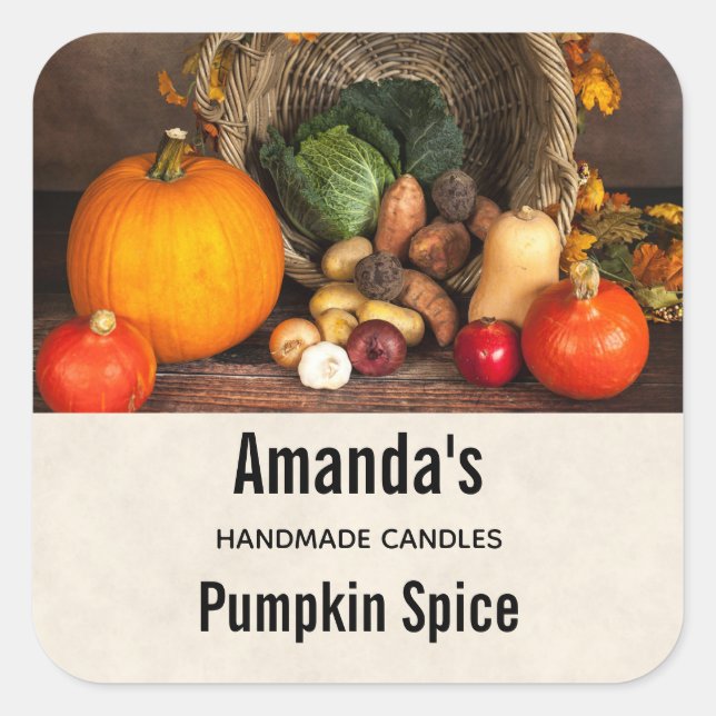 Rustic Thanksgiving Table Pumpkin Candle Biz Square Sticker (Front)