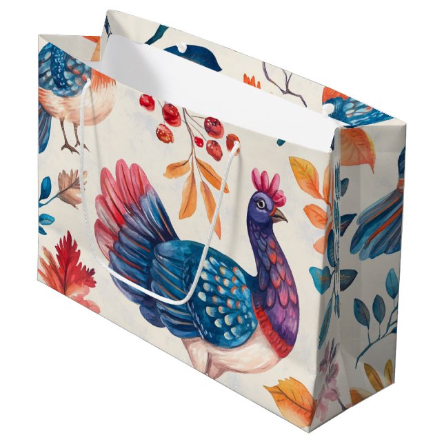 Rustic Thanksgiving Turkey Folk Art Fall Pattern Large Gift Bag (Front Angled)