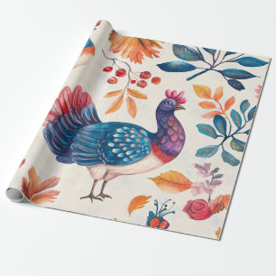 Rustic Thanksgiving Turkey Folk Art Fall Pattern Wrapping Paper