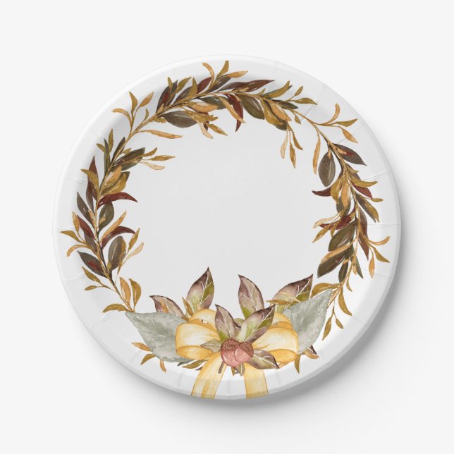Rustic Thanksgiving Wreath Paper Plates 7" (Front)