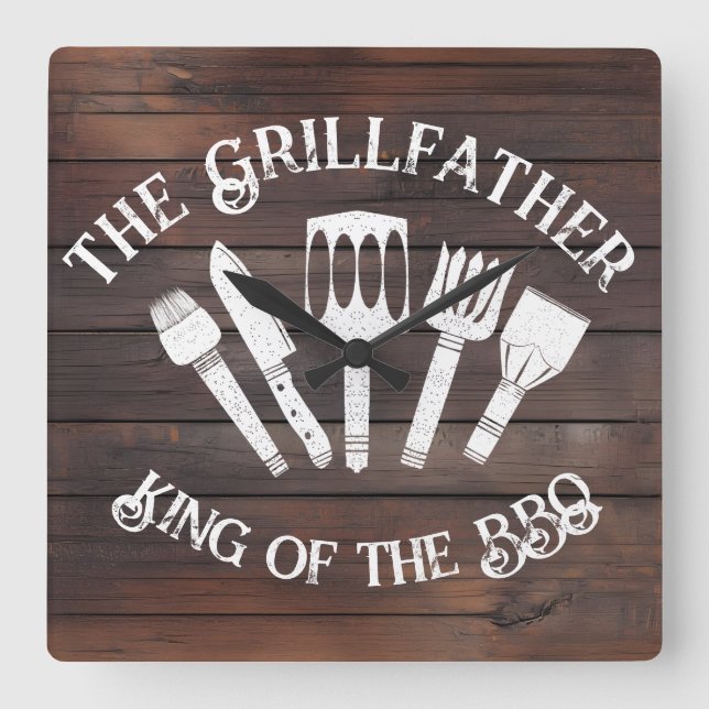 Rustic "The Grillfather: Funny BBQ Gift Square Wall Clock (Front)