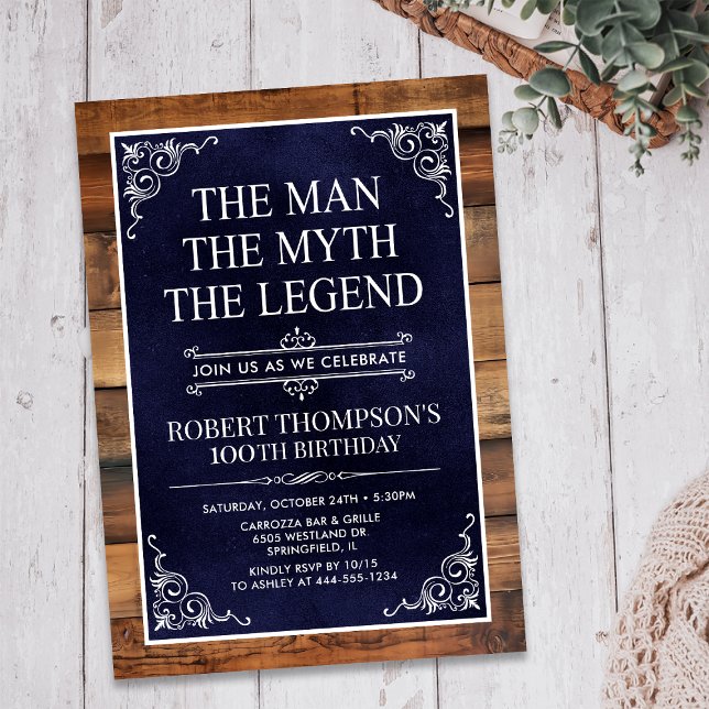 Rustic The Man The Myth The Legend 100th Birthday Invitation (Creator Uploaded)