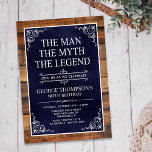 Rustic The Man The Myth The Legend 90th Birthday Invitation<br><div class="desc">He IS The Man The Myth The LEGEND! His life has been an amazing adventure and it's time to celebrate his legacy and him. This rustic wood backed textured navy blue paper with white type and and white scrolled corners 90th Birthday invitation is perfect for inviting friends and family to...</div>
