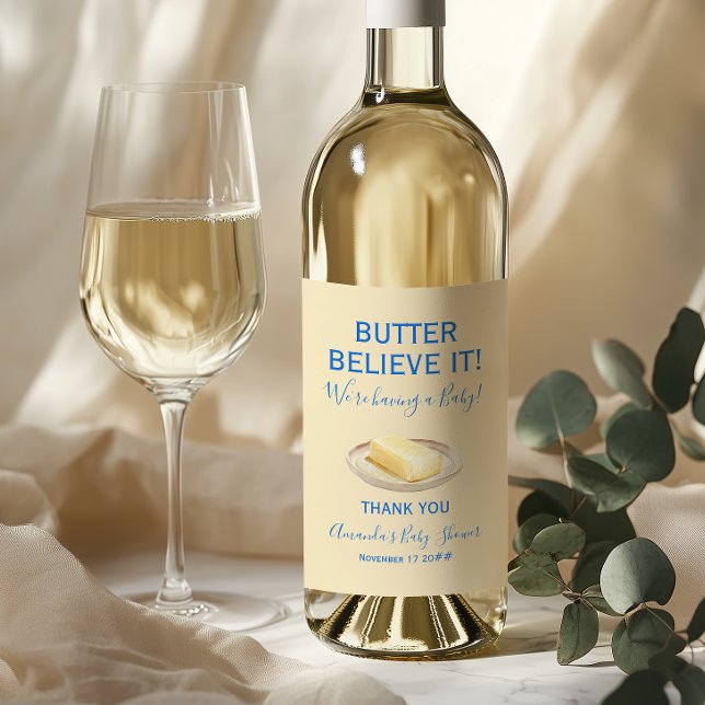 Rustic Theme Butter Yellow Blue Baby Shower  Wine Label (Creator Uploaded)