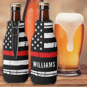 Rustic Thin Red Line Personalised Firefighter Bottle Cooler