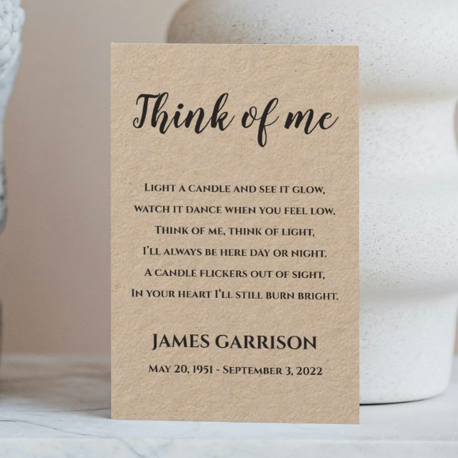 Rustic Think Of Me Poem Memorial Candle Place Card (Creator Uploaded)