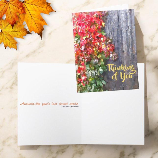 Rustic Thinking Of You Colourful Fall Leaves Custo Card (greeting card front and inside)