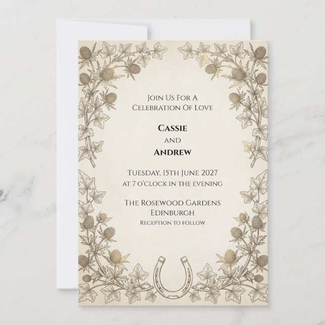 Rustic Thistle Horseshoe Wedding Invitation (Front)