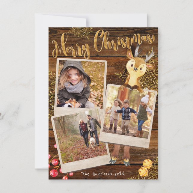 Rustic Three Photo Collage Personalised Christmas Holiday Card (Front)