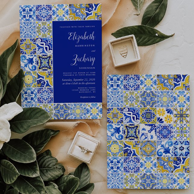 Rustic Tile Blue Yellow White Wedding Invitation (Creator Uploaded)
