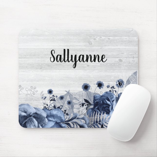 RUSTIC TIMBER BLUE FLORAL BORDER CUSTOMIZABLE MOUSE PAD (With Mouse)