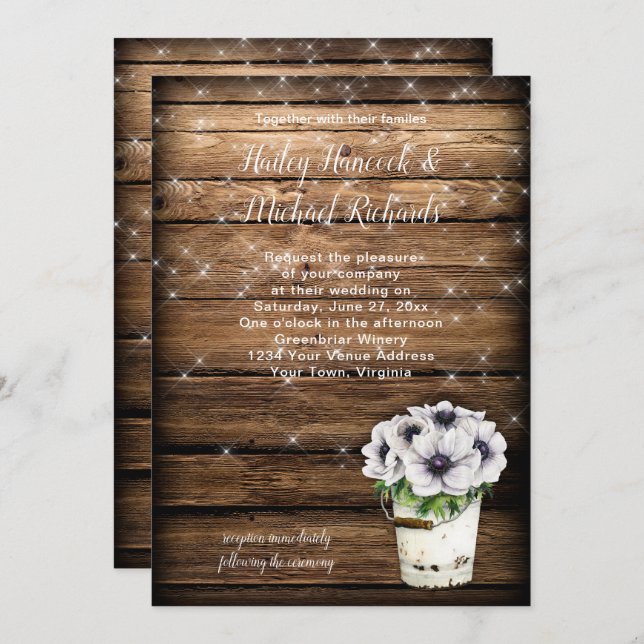 Rustic Tin Bucket Anemones Sparkles Invitation (Front/Back)