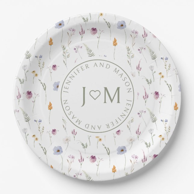 Rustic tiny flowers monogram wedding paper plates (Front)