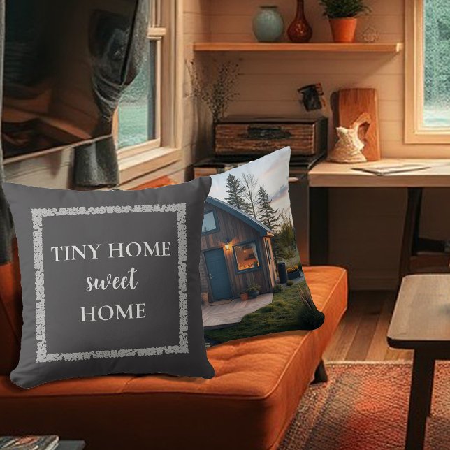 Rustic tiny home sweet home photo vintage cushion (Rustic tiny home sweet home script photo vintage throw pillow. You can add your own photo and text.)