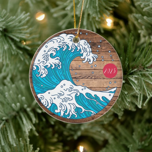 Rustic Title Wave and Sun - Custom Year Name  Ceramic Tree Decoration (Tree)