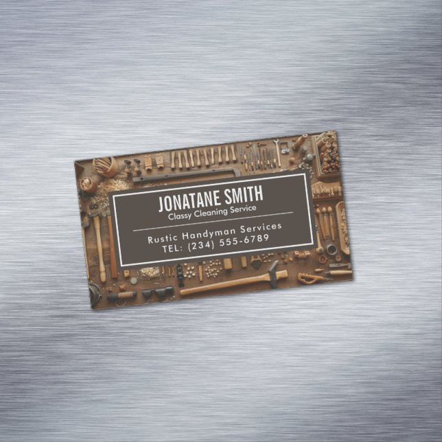 Rustic Tools Carpenter Handyman Woodworker Magnetic Business Card (In Situ)