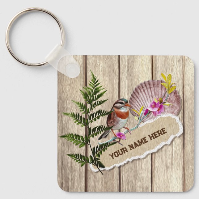 Rustic Torn Paper Wood Oil Paint Personalise Name Key Ring (Front)