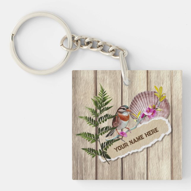 Rustic Torn Paper Wood Oil Paint Personalise Name Key Ring (Front)