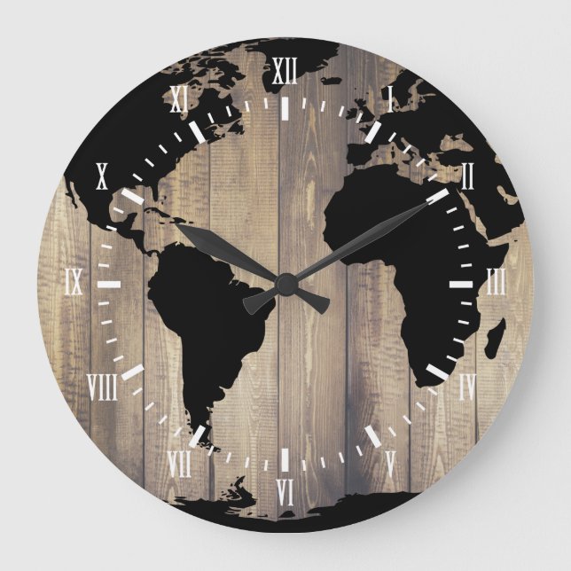 Rustic Traveller Black World Map Wooden Planks Large Clock (Front)
