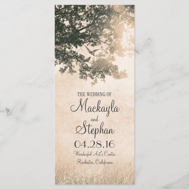 Rustic tree and love birds wedding programs programme (Front)