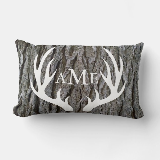 Rustic Tree Bark Country Deer Antlers Personalised Lumbar Cushion (Front)