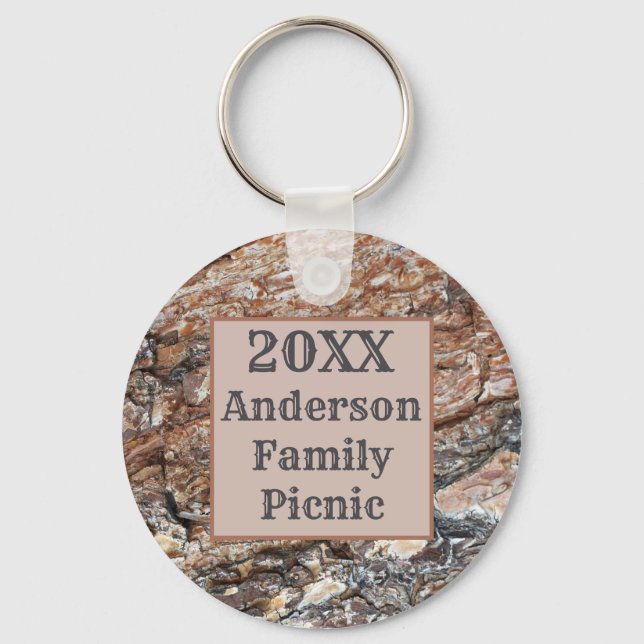 Rustic Tree Bark Family Picnic Annual Reunion Key Ring (Front)