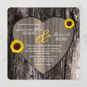 Rustic Tree Bark Heart and Sunflower Wedding Invitation