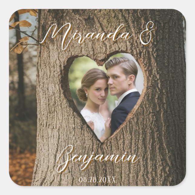 Rustic Tree Bark Heart Photo Wedding Square Sticker (Front)