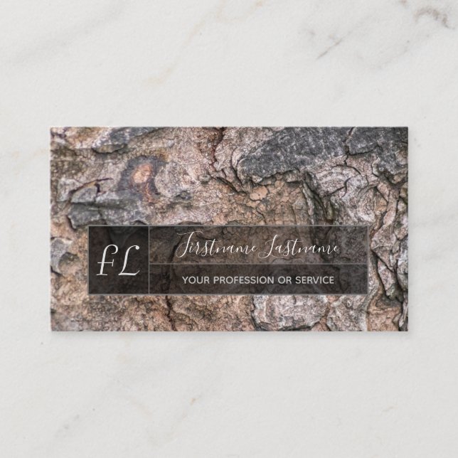 Rustic tree bark surface grey rectangle monogram business card (Front)