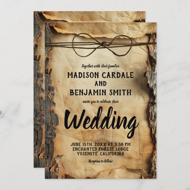 Rustic Tree Bark Vintage Parchment Paper Wedding Invitation (Front/Back)