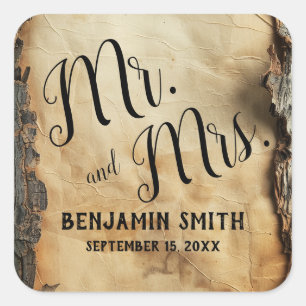 Rustic Tree Bark Vintage Parchment Wedding Favour Square Sticker