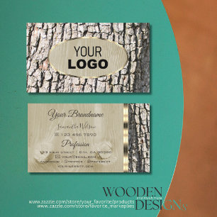 Rustic Tree Bark Wood Grain Oval Gold Border Logo Business Card