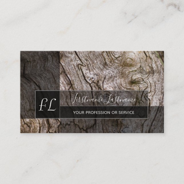 Rustic tree bark wooden surface rectangle monogram business card (Front)