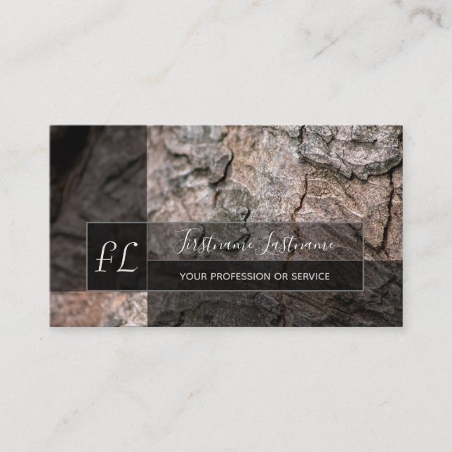 Rustic tree bark wooden surface rectangle monogram business card (Front)