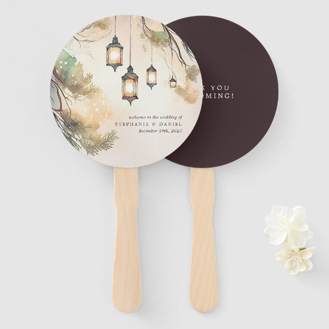 Rustic Tree Botanical Lantern Lights Wedding Hand  Fan (Front and Back)