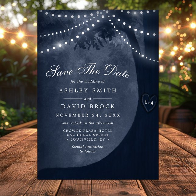 Rustic Tree Carved Initials String Lights Navy  Save The Date (Creator Uploaded)