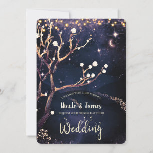 Rustic Tree Evening Lights Purple Wedding Invitation