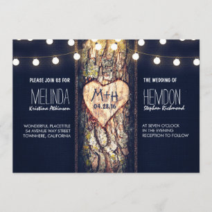 rustic tree heart and string lights wedding invite