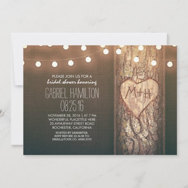 rustic tree heart & string lights bridal shower invitation (Front)