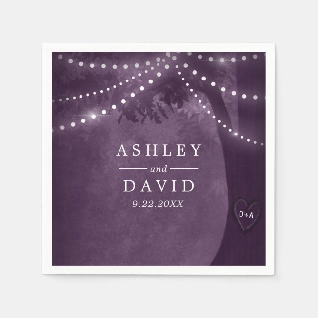 Rustic Tree Purple String Lights Wedding Napkin (Front)