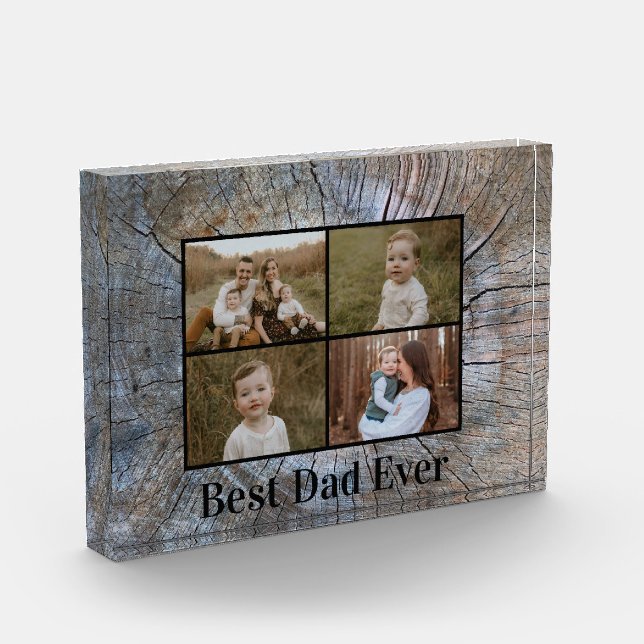 Rustic tree-ring distressed wood grain personalise photo block (Left)